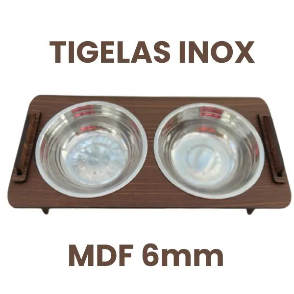 ElevaPets™ - Suporte Comedouro de Madeira com Potes de Inox Personalizado para o Seu Pet