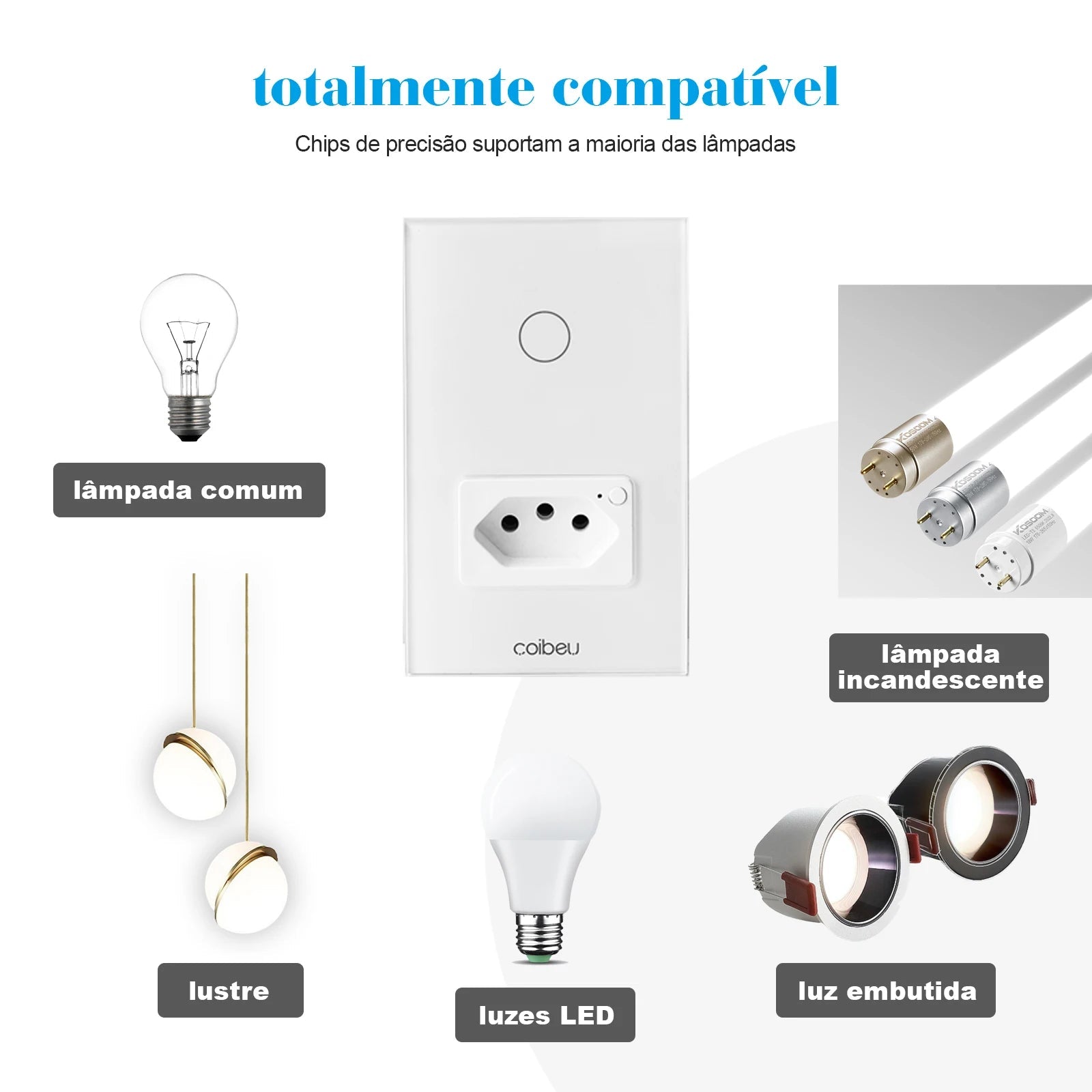 Interruptor com Tomada Inteligente, USB, Padrão Brasileiro Light, Wifi, TuyaAlexa, Google Assistant,10A, Sensor de Toque