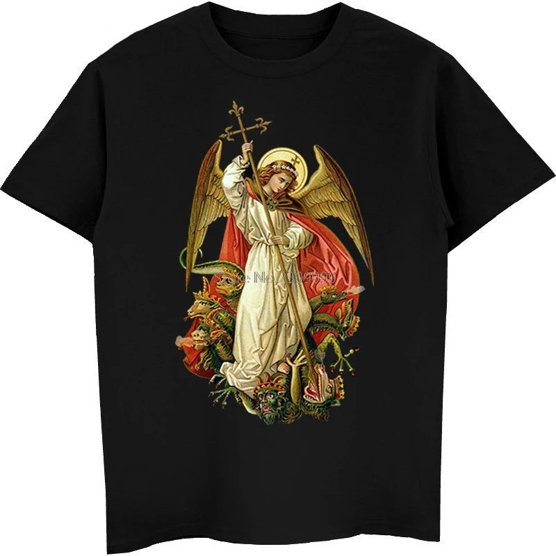 Saint michael destruir o diabo católico cristão t camisa masculina de algodão manga curta camiseta hip hop topo harajuku streetwear