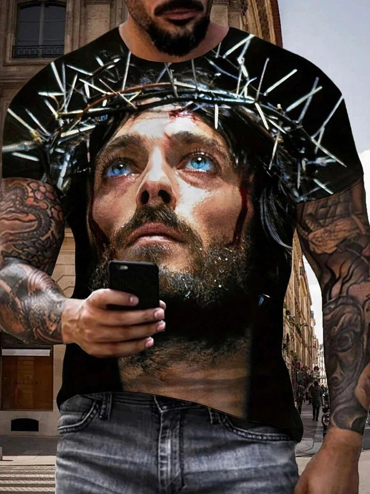 Camiseta masculina estampada com cruz de cristo, camiseta casual diária de verão para homens ao ar livre, rua, manga curta, camiseta masculina cristã