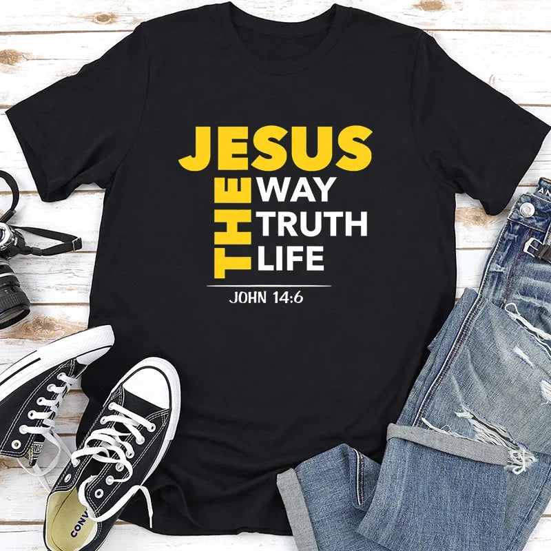 Jesus a maneira verdade vida impressa novo estilo feminino t camisa religião cristã slogan topos crente orar deus senhora roupas de verão