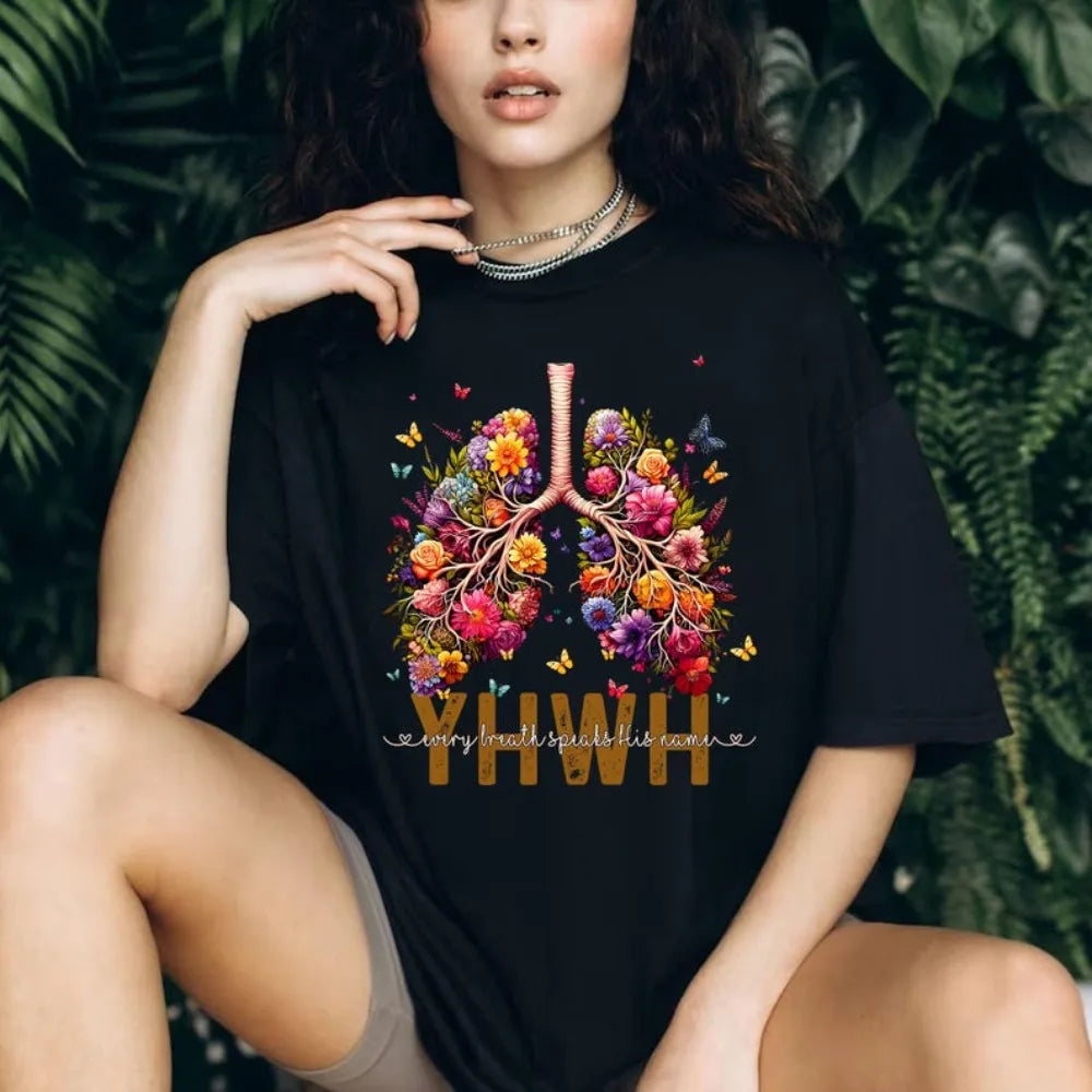YHWH Floral Cristão Mulheres Camiseta Manga Curta Verão Casual Tops Yahweh Flor Pulmões Camiseta de Algodão Versículo da Bíblia Vestuário de Fé