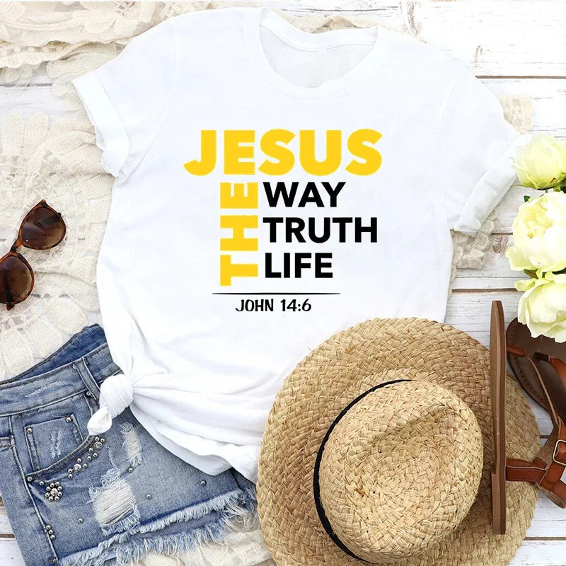 Jesus a maneira verdade vida impressa novo estilo feminino t camisa religião cristã slogan topos crente orar deus senhora roupas de verão