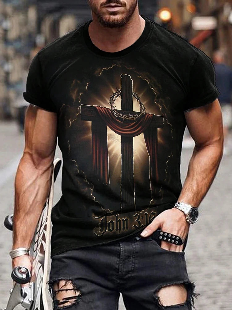 Camiseta masculina estampada com cruz de cristo, camiseta casual diária de verão para homens ao ar livre, rua, manga curta, camiseta masculina cristã