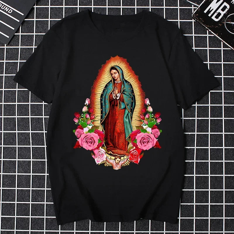 Mulheres religiosas camiseta masculina virgem maria t camisa causal nossa senhora de guadalupe camisa santo cristão roupas católicas camisetas