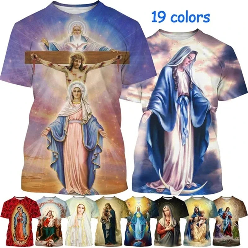 Impressão 3d virgem maria t camisa para homens verão manga curta cristão mãe de deus padrão tshirts dos homens casual camisetas topos