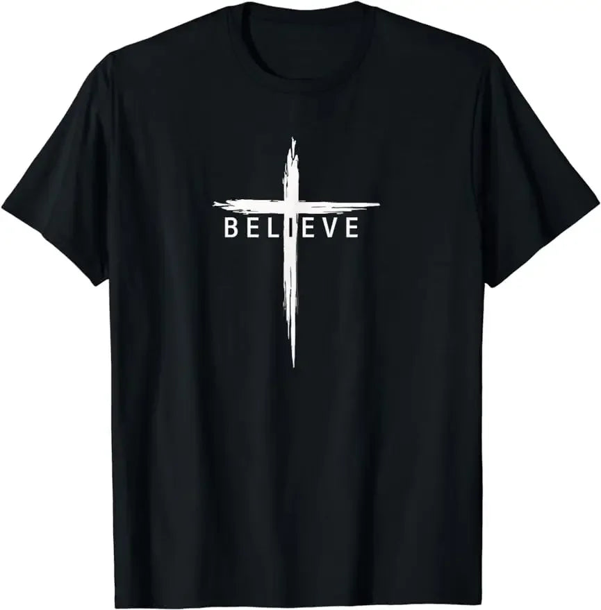 Acredite cruz cristã jesus cristo cristãos masculino feminino camiseta estilo unissex camisas para mulher gráfico personalizado impresso t camisas