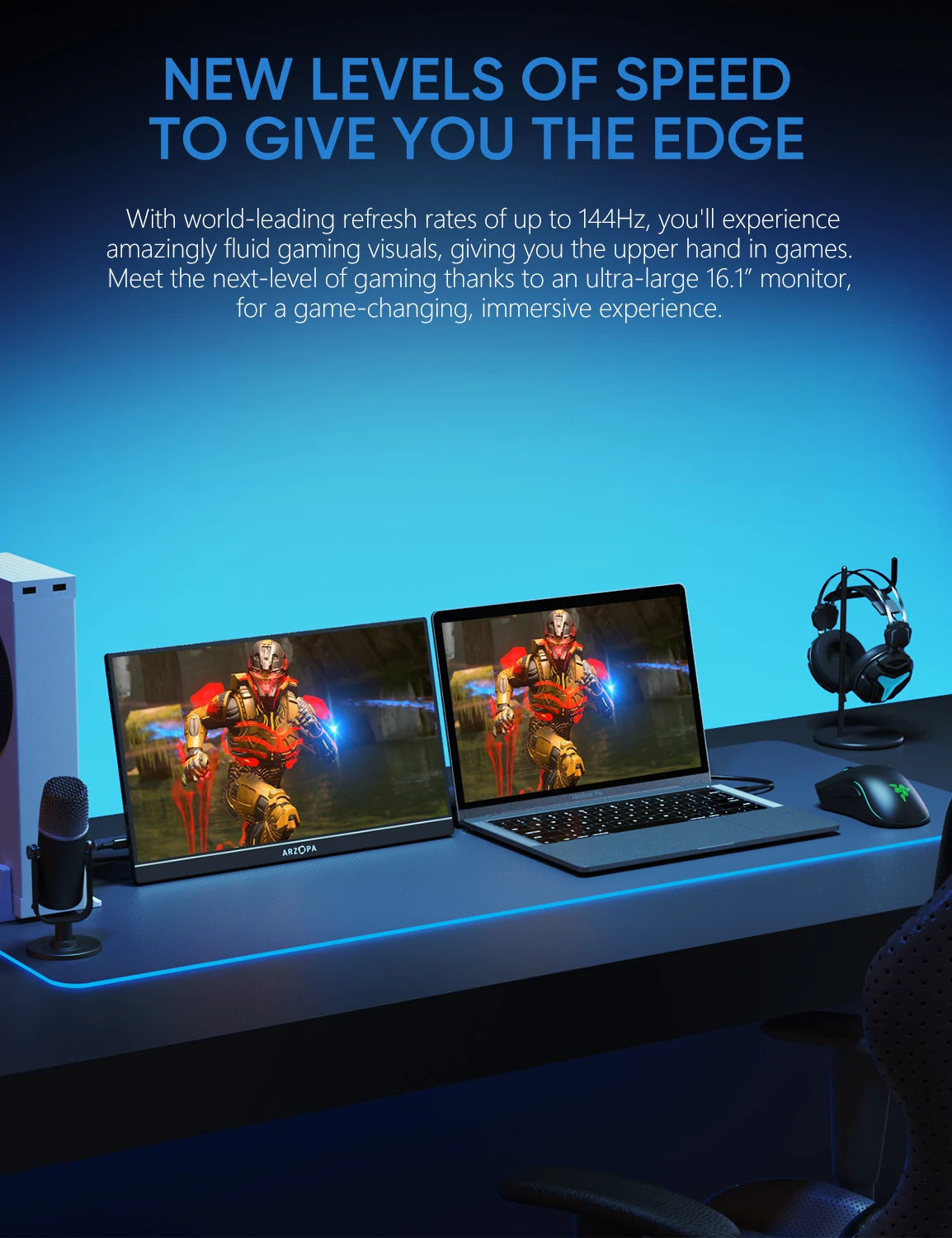 Monitor de Jogos Portátil, Novo ARZOPA 16.1 polegada 100% sRGB 144Hz, Display Laptop com Tipo C Mini HDMI Para PS4/5 Steam Deck Switch XBOX PC Mac, Z1FC