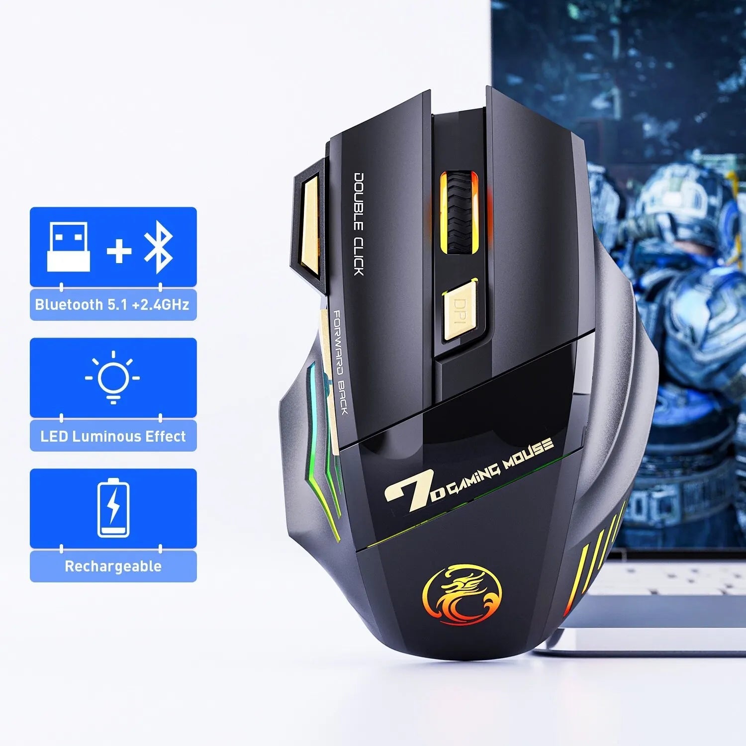 Mouse Silencioso Bluetooth 7 teclas e 7 cores led