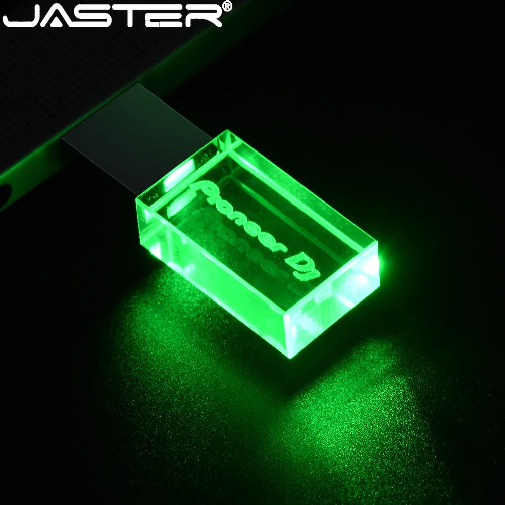 Pen Drive JASTER Pioneer DJ USB Flash Drive, Memory Stick de cristal prateado, Pendrive LED colorido, Real Capacity U Disk, 16GB, 32GB, 64GB, 128GB