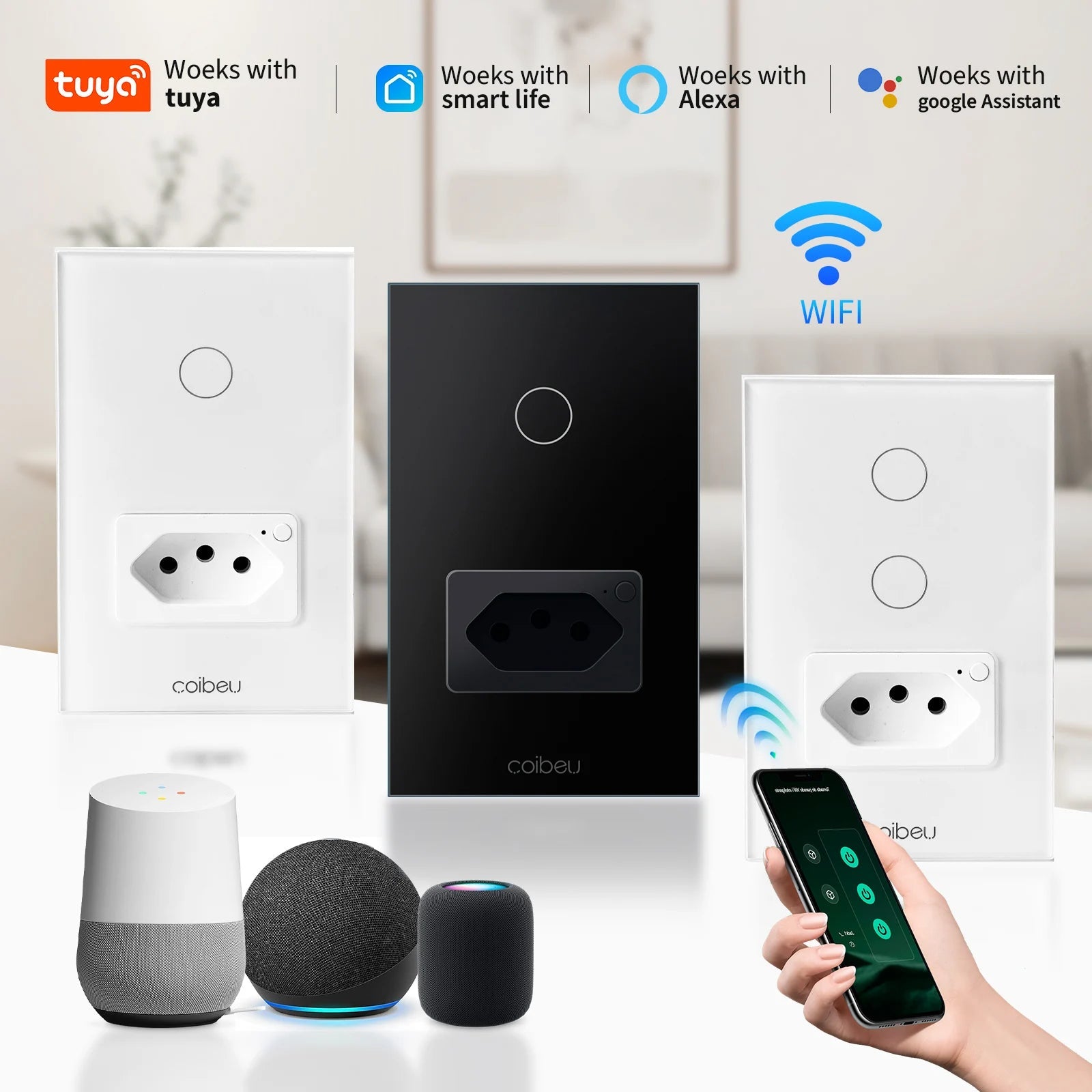 Interruptor com Tomada Inteligente, USB, Padrão Brasileiro Light, Wifi, TuyaAlexa, Google Assistant,10A, Sensor de Toque