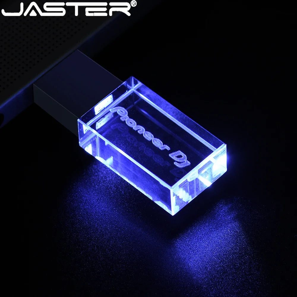 Pen Drive JASTER Pioneer DJ USB Flash Drive, Memory Stick de cristal prateado, Pendrive LED colorido, Real Capacity U Disk, 16GB, 32GB, 64GB, 128GB