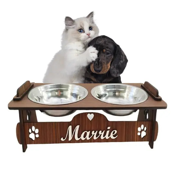 ElevaPets™ - Suporte Comedouro de Madeira com Potes de Inox Personalizado para o Seu Pet