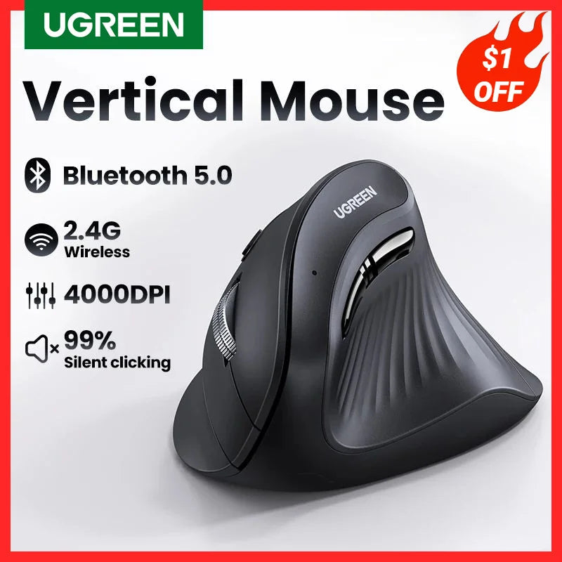 Mouse Vertical Sem Fio, Bluetooth 5.0, 2.4G, Ergonômico 4000DPI, 6 Botões
