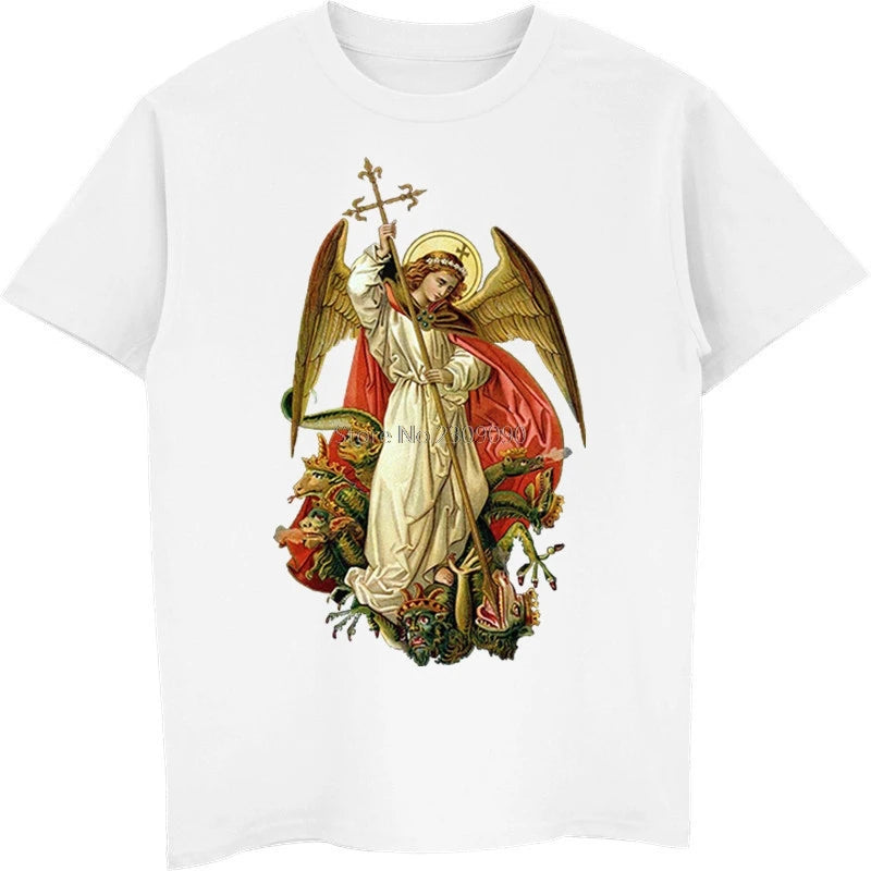 Saint michael destruir o diabo católico cristão t camisa masculina de algodão manga curta camiseta hip hop topo harajuku streetwear