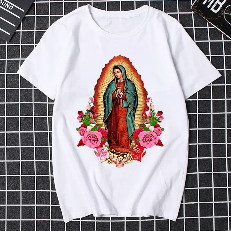 Mulheres religiosas camiseta masculina virgem maria t camisa causal nossa senhora de guadalupe camisa santo cristão roupas católicas camisetas