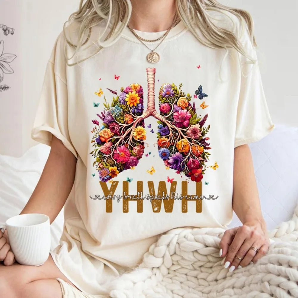 YHWH Floral Cristão Mulheres Camiseta Manga Curta Verão Casual Tops Yahweh Flor Pulmões Camiseta de Algodão Versículo da Bíblia Vestuário de Fé