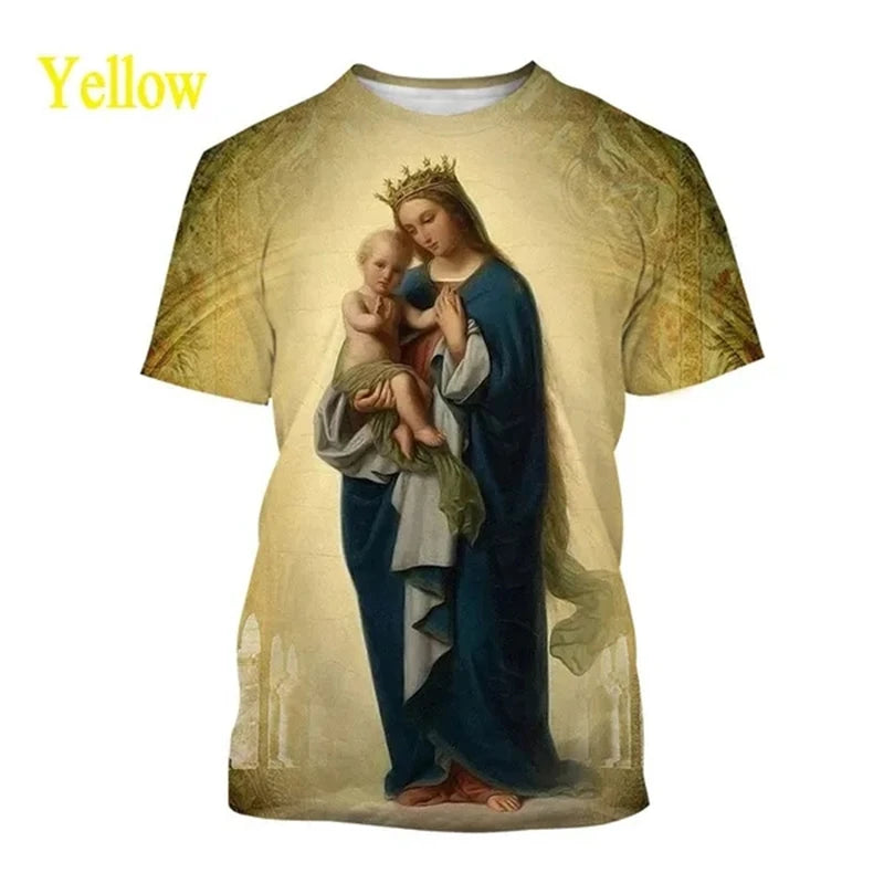 Impressão 3d virgem maria t camisa para homens verão manga curta cristão mãe de deus padrão tshirts dos homens casual camisetas topos