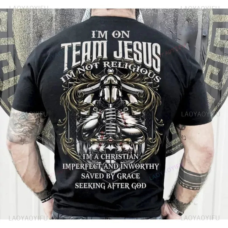 Eu sou no time Jesus, não sou religioso Camiseta de algodão Camisa cristã angustiada para homens Camiseta de manga curta
